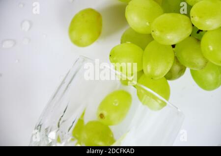 Weiße Trauben in einem Weinglas. Weißwein im Glas mit Herbsttrauben, weißer Hintergrund, selektiver Fokus. Stockfoto