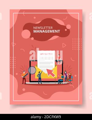 newsletter-Management Menschen sitzen vor Laptop-Newsletter auf dem Display für Vorlage von Bannern, Flyer, Bücher Cover, Zeitschriften mit Flüssigkeit Stock Vektor