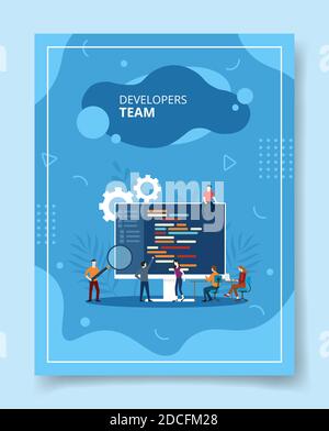 Entwickler Team Menschen arbeiten zusammen am Computer für Vorlage von Bannern, Flyer, Bücher Cover, Zeitschriften mit flüssigen Form Stil Stock Vektor