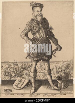 Karel van Sichem, (Künstler), Niederländisch, c. 1575 - aktiv 1604, Christoffel van Sichem I, (Künstler nach), Niederländisch, 1546 - 1624, Robert Dudley, Earl of Leicester, Gravur Stockfoto