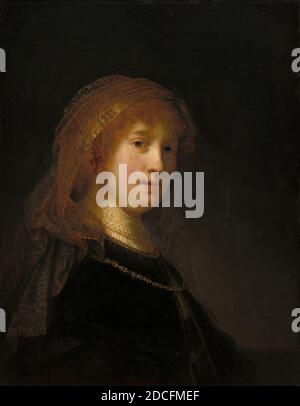 Rembrandt van Rijn, (Künstler), holländisch, 1606 - 1669, Saskia van Uylenburgh, die Ehefrau des Künstlers, wahrscheinlich begonnen 1634/1635 und vollendet 1638/1640, Öl auf Tafel, insgesamt: 62.5 × 49 cm (24 5/8 × 19 5/16 in.), gerahmt: 88.6 x 75.6 x 11.4 cm (34 7/8 x 29 3/4 x 4 1/2 Zoll Stockfoto