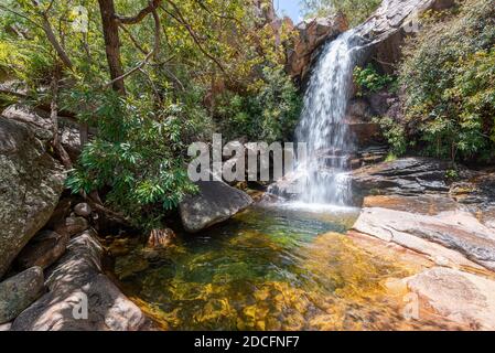 Kaskadierwasser am Boulder Creek mit üppigem Buschland-Grün und umgestürzten Bäumen im tropischen Northern Territory am oberen Ende Australiens. Stockfoto