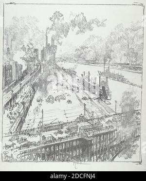 Joseph Pennell, (Künstler), Amerikaner, 1857 - 1926, The Levee from EADS Bridge, St. Louis, St. Louis Set, (Serie), 1919, Lithographie Stockfoto