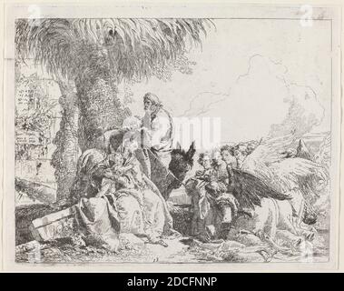 Giovanni Domenico Tiepolo, (Künstler), Venetian, 1727 - 1804, der Rest auf der Flucht, mit Adoring Angels, Flucht nach Ägypten: pl. 13, (Serie), 1750, Radierung Stockfoto