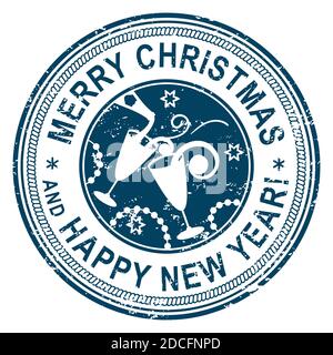 Weihnachtsstempel auf weißem Hintergrund. Grunge-Oberfläche. Gläser und Champagner in der Mitte Cricle. Vektorgrafik. Frohe Weihnachten Stock Vektor
