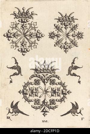 Daniel Mignot, (Künstler), deutsch, aktiv 1593/1596, drei Broschen mit Fantasy Birds links, rechts und unten, Broschen: pl. 16, (Serie), 1596, Gravur Stockfoto