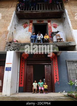 (201121) -- NANNING, 21. November 2020 (Xinhua) -- in diesem Combo-Foto zeigt der obere Teil, aufgenommen am 9. Februar 2017, die Dorfbewohnerin Bai Yulu (1. R) und ihre Familie, die an der Eingangstür ihres ehemaligen Wohnsitzes im Dorf Jiaba sitzt, Und der untere Teil, aufgenommen am 18. August 2020, zeigt Bai (1. L), die mit ihrer Familie vor der Haustür ihres neuen Hauses an einem Ort sitzt, an dem die Armut in der Stadt Xia'AO im Autonomen Bezirk Du'an Yao, im Süden Chinas, der Autonomen Region Guangxi Zhuang, umsiedelt wird. Die Autonome Region Guangxi Zhuang in Südchina, die Heimat der größten ethnischen Minderheit des Landes, hat alles aufgehoben Stockfoto