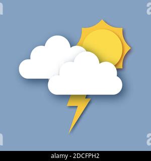 Sonne mit Regenwolken und Blitz. Papier geschnitten Wetter. Sturmzeit. Stock Vektor