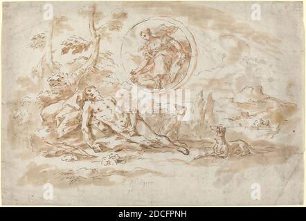 Gaspare Diziani, (Künstler), Venetian, 1689 - 1767, Diana und Endymion, Stift und braune Tinte mit brauner Wäsche und roter Kreide, insgesamt: 23.9 x 35.1 cm (9 7/16 x 13 13/16 Zoll Stockfoto