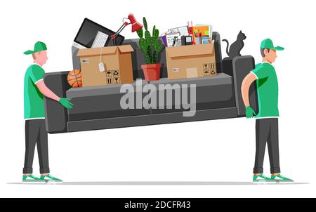 Lieferung Charakter Mann Movers tragen Sofa mit Haushaltsgegenständen. Träger tragen Couch isoliert. Umzugsfirma mit Ladern und Möbeln. Delivery Relocation Service. Flache Vektorgrafik Stock Vektor