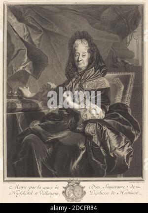 Pierre Drevet, (Künstler), französisch, 1663 - 1738, Hyacinthe Rigaud, (Künstler danach), französisch, 1659 - 1743, Duchesse de Nemours, 1707, Gravur Stockfoto