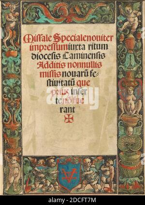 Urs Graf I, (Künstler), Schweizer, c. 1485 - 1527/1529, Titelseite für ein Missal, mit Satyr und Putti Grenze, c. 1511, handkolorierter Holzschnitt Stockfoto