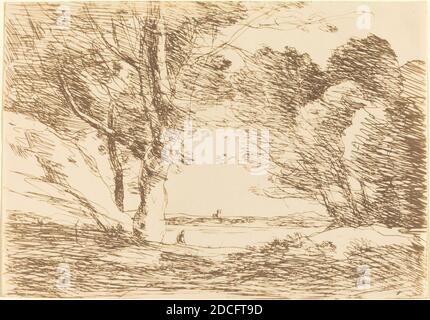 Jean-Baptiste-Camille Corot, (Künstler), Französisch, 1796 - 1875, Turm am Horizont eines Sees (Tour a l'Horizon d'un lac), 1871, Klischee-verre Stockfoto