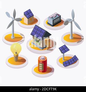 Isometrisches 3d-Set von natürlichen alternativen umweltfreundlichen erneuerbaren Energiequellen und Smart Home. Symbole für die Stromversorgung. Sonnenkollektoren, Glühbirne, Windmühle Stock Vektor