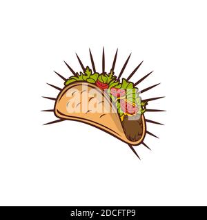 Tacos Logo Vektor Illustration. Taco Wurst Silhouette, gut für Restaurant-Menü und Café Abzeichen. Vintage Typografie Emblem Design. Stock Vektor