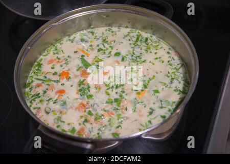 Ciorba Radauteana , eine typische saure Hühnersuppe, ursprünglich aus der Stadt Radauti, in der historischen Region Bukowina, Rumänien Stockfoto
