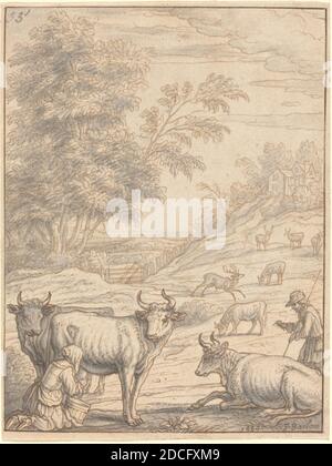 Francis Barlow, (Künstler), Englisch, 1626 - 1702 oder 1704, A Meadow with Cattle and Deer, 1684, Stift und braune Tinte mit grauem Wash auf Papier, insgesamt: 15.7 x 11.9 cm (6 3/16 x 4 11/16 Zoll Stockfoto