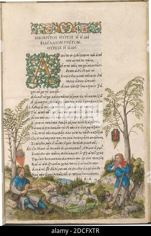 Albrecht Dürer, (Künstler), Deutsch, 1471 - 1528, EINE Pastorallandschaft mit Hirtenspielern Viola und Panpipes, Idyllen und andere Werke von Theocritus, (Band), 1496/1497, Aquarell und Gouache mit Feder und Tinte und Gold verstärkt, Eingeklebt auf Seite 1 von Aldus Manutius' erster Ausgabe von Theocritus' Idylls and other texts (Venedig, Februar 1496), Seitengröße: 31 x 20.3 cm (12 3/16 x 8 in.), Gesamtgröße (Buch geschlossen): 32.4 x 21.6 cm (12 3/4 x 8 1/2 in Stockfoto