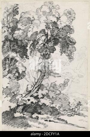 Joseph-Marie Vien, (Künstler), französisch, 1716 - 1809, EIN hoch aufragender Baum mit Reisenden, 1746/1749, schwarze Kreide auf Papier, Blatt: 19 x 12.7 cm (7 1/2 x 5 Zoll), Seitenformat: 42.5 x 27.7 cm (16 3/4 x 10 7/8 Zoll Stockfoto