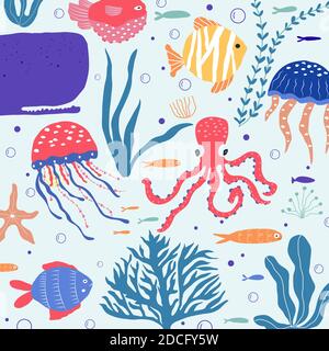 Unterwasserwesen Fische, Quallen, Kraken, Clownfische, Seeplanzen und Korallen, Set mit Meerestieren für Stoff, Textil, Tapete, Kinderzimmer Dekor Stock Vektor