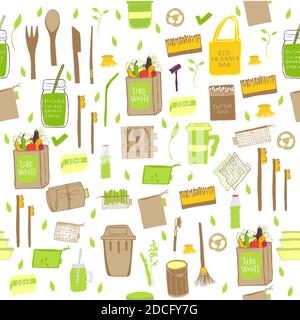 Handgezeichnetes Zero Waste Konzept-Set. Keine Kunststoffelemente des Ökolebens: Wiederverwendbares Papier, Bambus, Holz, Stoff Baumwollbeutel, Glas, Gläser, Besteck. Vektor Stock Vektor