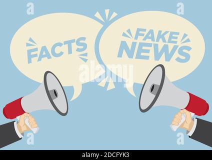 Unterschiedliche Meinungen über Fakten oder Fake News. Geschäftskonzept von Meinungsverschiedenheiten, Verhandlungen oder Fehlkommunikation. Vektorgrafik. Stock Vektor
