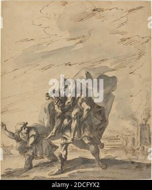 Gaspare Diziani, (Künstler), Venetian, 1689 - 1767, Aeneas Carrying Anchises from Burning Troy, c. 1733, Stift und braune Tinte mit grauem Waschmittel auf braunem Papier, insgesamt (ca.): 39.1 x 32.9 cm (15 3/8 x 12 15/16 Zoll Stockfoto