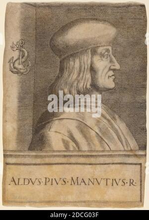 Giulio Campagnola, (Künstler), Venetian, 1482 - nach 1514, Aldus Pius Manutius, Gravur auf Pergament Stockfoto