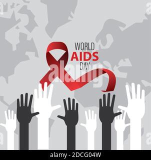 World AIDS Day Schriftzug mit Händen nach oben und rotem Band In Erdkarten Vektor Illustration Design Stock Vektor