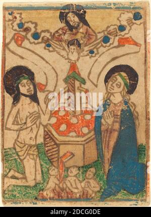 Deutsch 15. Jahrhundert, (Künstler), Allegorie der Eucharistie, c. 1470/1490, Holzschnitt in lt. braun, handgefärbt in blau, grün, orange und Gold Stockfoto