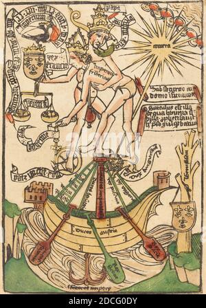 Deutsche 15. Jahrhundert, (Künstler), Allegorie der Begegnung von Papst Paul II. Und Kaiser Friedrich III., c. 1470, Holzschnitt, handfarbig in grün, rotem See, gelb, braun und orange, Bild: 41.3 x 29.2 cm (16 1/4 x 11 1/2 Zoll), Blatt: 38.4 x 28.8 cm (15 1/8 x 11 5/16 Zoll), Gesamt (Außenrahmenmaße): 59.7 x 44.5 cm (23 1/2 x 17 1/2 Zoll Stockfoto