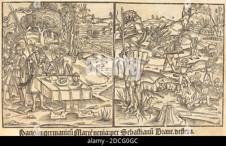 Deutsch 15. Jahrhundert, (Künstler), Allegorie von Krieg und Frieden, 1499, Holzschnitt Stockfoto