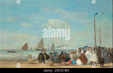 Eugène Boudin, (Künstler), französisch, 1824 - 1898, Strandszene in Trouville, 1863, Öl auf Holz, insgesamt: 34.8 x 57.5 cm (13 11/16 x 22 5/8 Zoll), gerahmt: 55.6 x 78.1 x 3.8 cm (21 7/8 x 30 3/4 x 1 1/2 Zoll Stockfoto