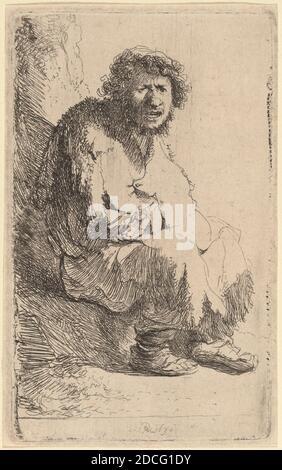 Rembrandt van Rijn, (Künstler), Niederländisch, 1606 - 1669, Bettler auf einer Bank sitzend, 1630, Radierung, Blatt: 12.1 x 7.5 cm (4 3/4 x 2 15/16 Zoll Stockfoto