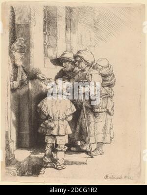 Rembrandt van Rijn, (Künstler), Niederländisch, 1606 - 1669, Bettler, die Almosen an der Tür eines Hauses empfangen, 1648, Radierung, Burin und Trockenpunkt Stockfoto