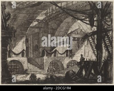 Giovanni Battista Piranesi, (Künstler), Venetian, 1720 - 1778, die Sawhorse, Carceri (dritte Auflage ?), (Serie), 1780er Jahre, Radierung, Gravur, Schwefel Tönung oder offener Biss, Kratzen Stockfoto