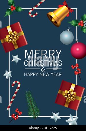 Happy Merry christmas Lettering-Karte mit Geschenken und Set-Icons Im quadratischen Rahmen Vektor Illustration Design Stock Vektor