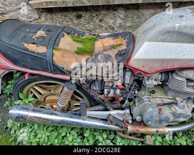 Verlassene Motorrad mit Moos auf dem Sattel Stockfoto