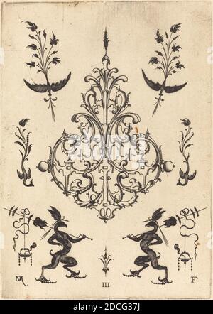 Daniel Mignot, (Künstler), deutsch, aktiv 1593/1596, Brosche mit Stichen oben und Griffins mit Trophäen unten, Broschen: pl.3, (Serie), 1596, Gravur Stockfoto