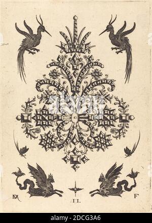Daniel Mignot, (Künstler), deutsch, aktiv 1593/1596, Brosche mit Tablestones und geflügelten Griffinen oben und unten, Broschen: pl.2, (Serie), 1596, Gravur Stockfoto