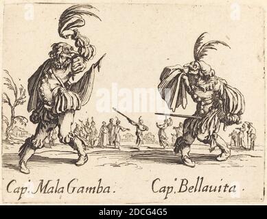 Jacques Callot, (Künstler), französisch, 1592 - 1635, Cap. Mala Gamba und Cap. Bellavita, Balli di Sfessania, (Serie), c. 1622, Ätzen Stockfoto