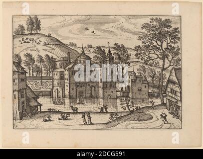 Carel Collaert, (Künstler), Flämisch, aktiv c. 1650, Burg mit einem Grat, kleine Landschaften, (Serie), erschienen in oder vor 1676, Radierung retuschiert mit Gravur Stockfoto