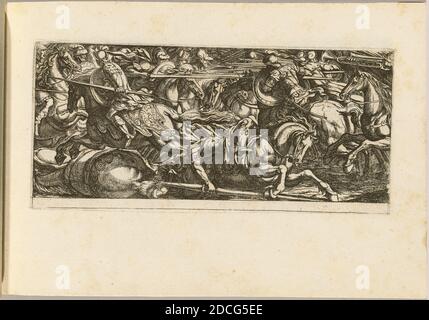 Antonio Tempesta, (Künstler), Florentine, 1555 - 1630, Kavallerieangriff mit flüchtenden Soldaten, Kampfszenen I, (Serie), Radierung Stockfoto