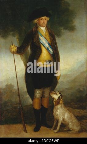 Spanisch 18. Jahrhundert, (Maler), Francisco de Goya, (verwandter Künstler), Spanisch, 1746 - 1828, Karl IV. Von Spanien als Huntsman, c. 1799/1800, Öl auf Leinwand, insgesamt: 46.6 x 30 cm (18 3/8 x 11 13/16 Zoll Stockfoto