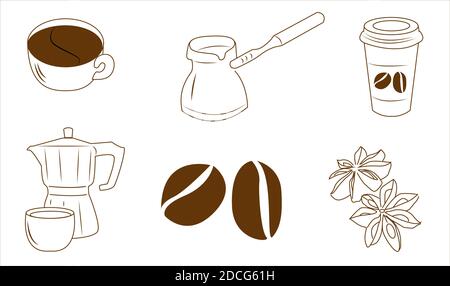 Kaffeeset auf weißem Hintergrund, isoliert im Format eps 10. Stock Vektor