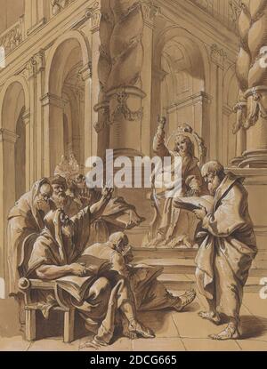 Anonymous Artist, (Künstler), Francesco Fontebasso, (verwandter Künstler), Venetian, 1709 - 1769, Christ Among the Doctors, 18. Jahrhundert, Feder und braune Tinte, Pinsel und braune Tinte, und braune Wäsche, mit Weiß erhöht, auf vorbereitetem Papier, insgesamt (ca.): 50.7 x 39.2 cm (19 15/16 x 15 7/16 Zoll Stockfoto