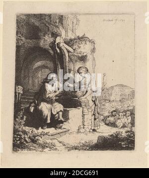 Rembrandt van Rijn, (Künstler), Niederländisch, 1606 - 1669, Christus und die Frau von Samaria unter Ruinen, 1634, Radierung Stockfoto