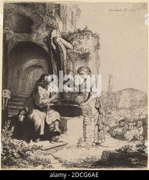 Rembrandt van Rijn, (Künstler), Niederländisch, 1606 - 1669, Christus und die Frau von Samaria unter Ruinen, 1634, Radierung Stockfoto