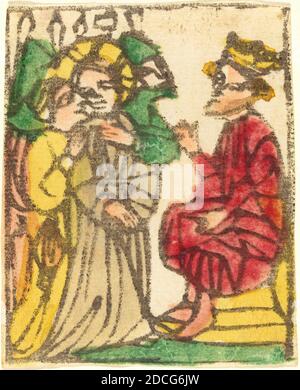 Deutsch 15. Jahrhundert, (Künstler), Christus vor Herodes, fünf Szenen aus einer Passion, (Serie), wahrscheinlich 1425/1450, Holzschnitt, handgefärbt in rotem See, grün, gelb, braun und orange Stockfoto