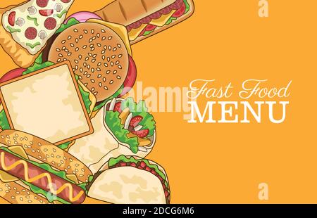 Köstliche Fast-Food-Menü und Schriftzug in gelben Hintergrund Vektor Illustrationsdesign Stock Vektor